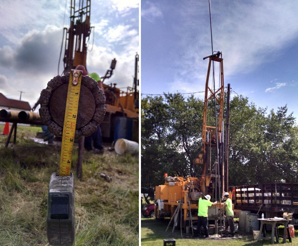 Core sample from one of the boreholes and a drilling rig in operation on the U.S. side