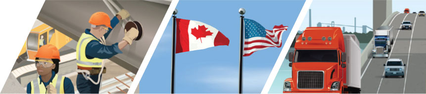 Illustration of bridge workers, Canadian flag, US flag, and trucks travelling on the bridge