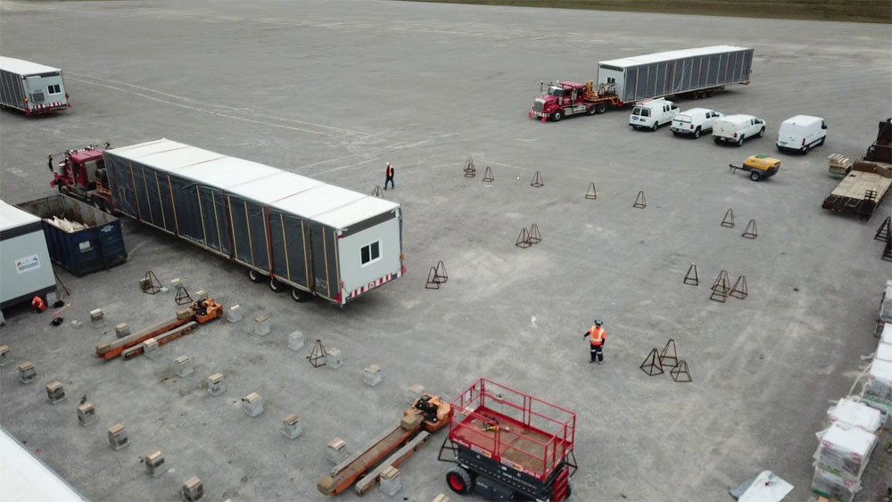 Overhead view of the trailers at Bridging North America's construction office