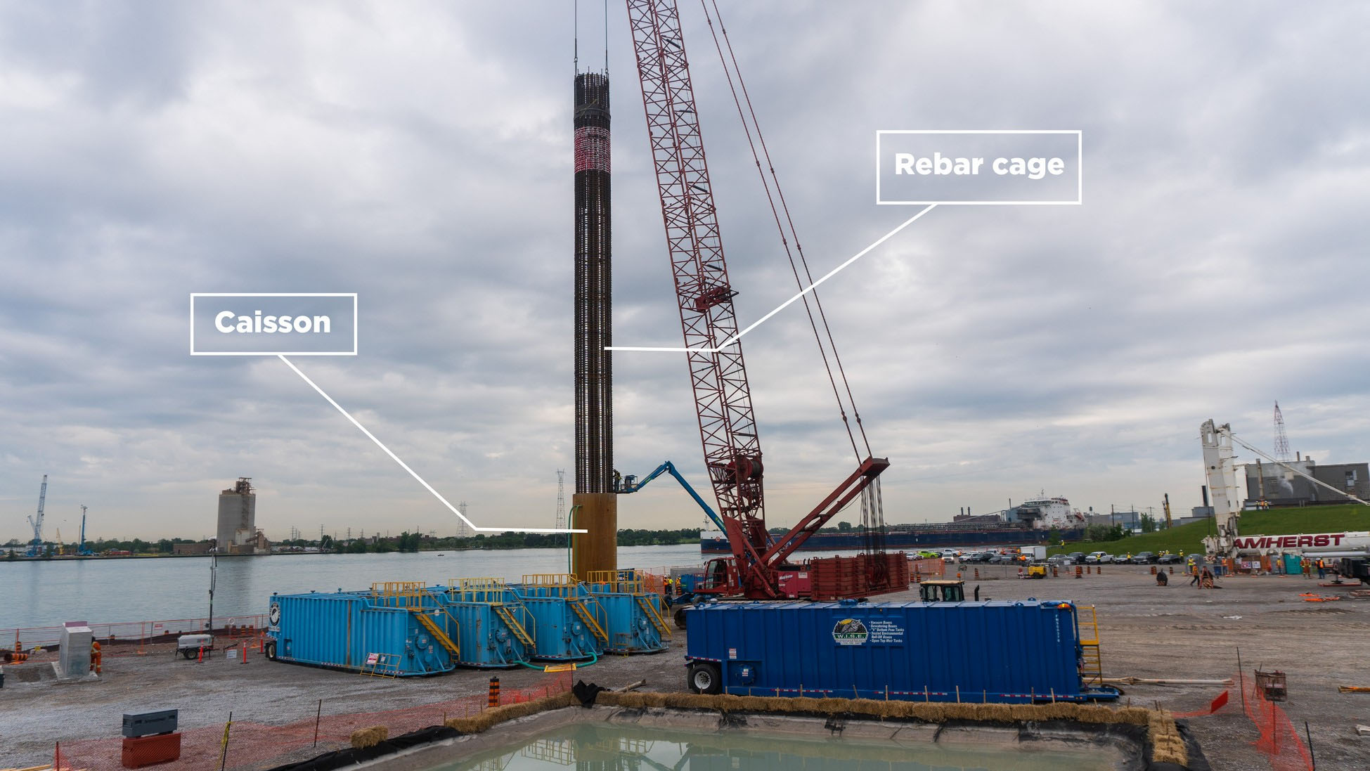 Photo of a test shaft with the Caisson and Rebar Cage labeled. 